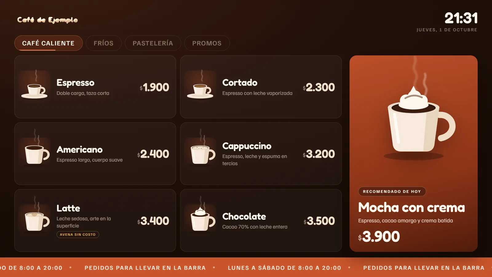 Carta de Caja Clara en un televisor horizontal: cafés con su precio y el recomendado del día