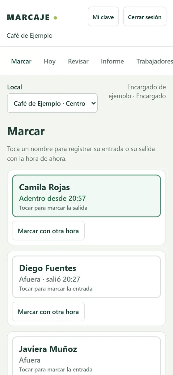 Marcaje en el celular: lista de trabajadores para marcar entrada o salida